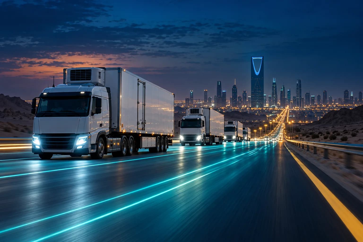 أسطول شاحنات روح اللوجستية المبردة على طريق صحراوي نحو الرياض