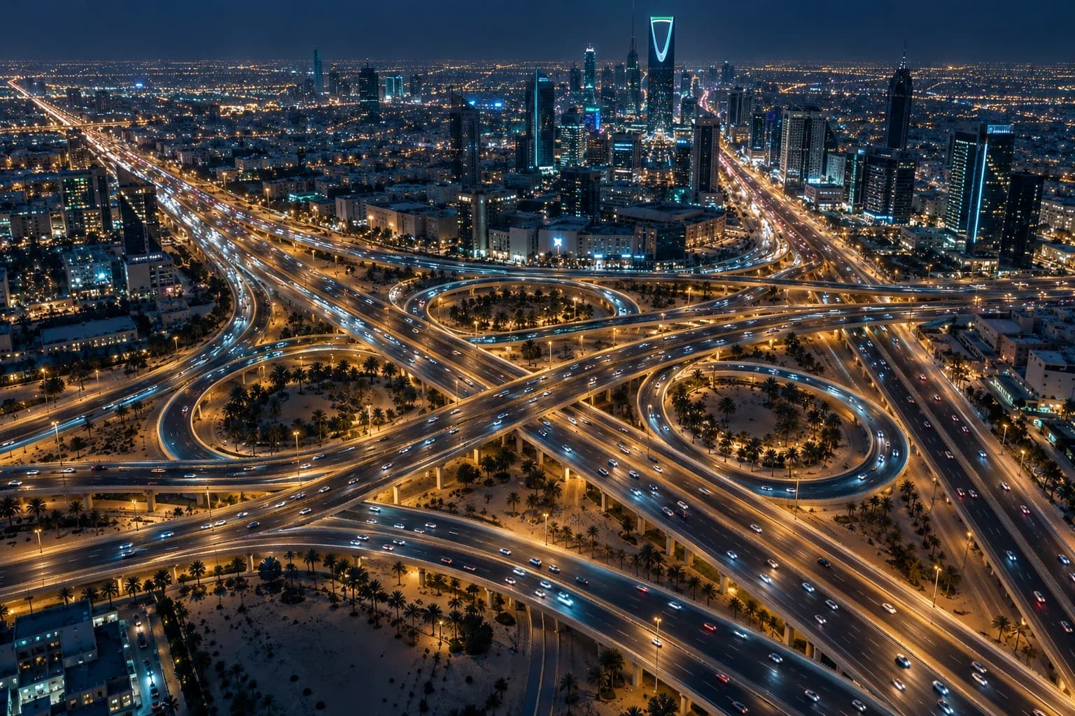 شبكة طرق الرياض ليلاً كأنها شبكة عقد مترابطة